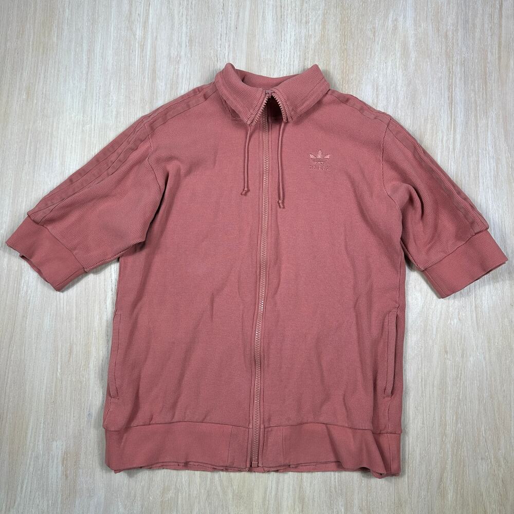 Adidas Raw Pink Short Sleeve Full Zip Waffle Knit Track Top Sporty Jacket Medium